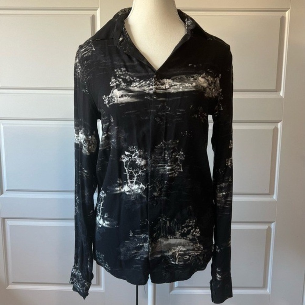 H&M Women Black White Landscape Print Long Sleeve Button Up Shirt Top XS